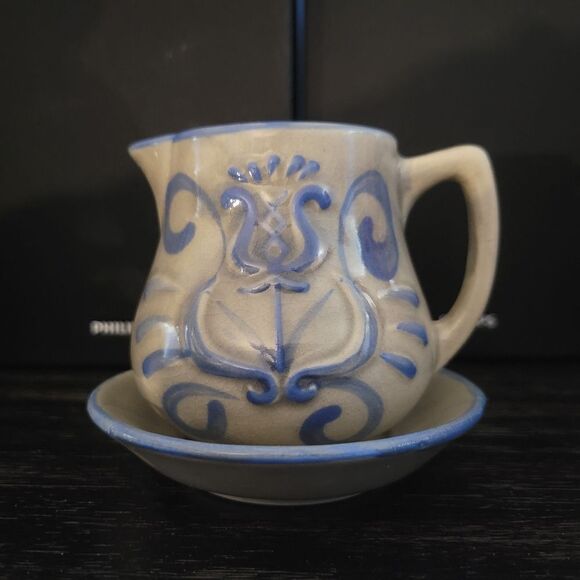 Handcrafted Ceramic Pitcher and Saucer Set - Blue and Gray - Picture 1 of 8